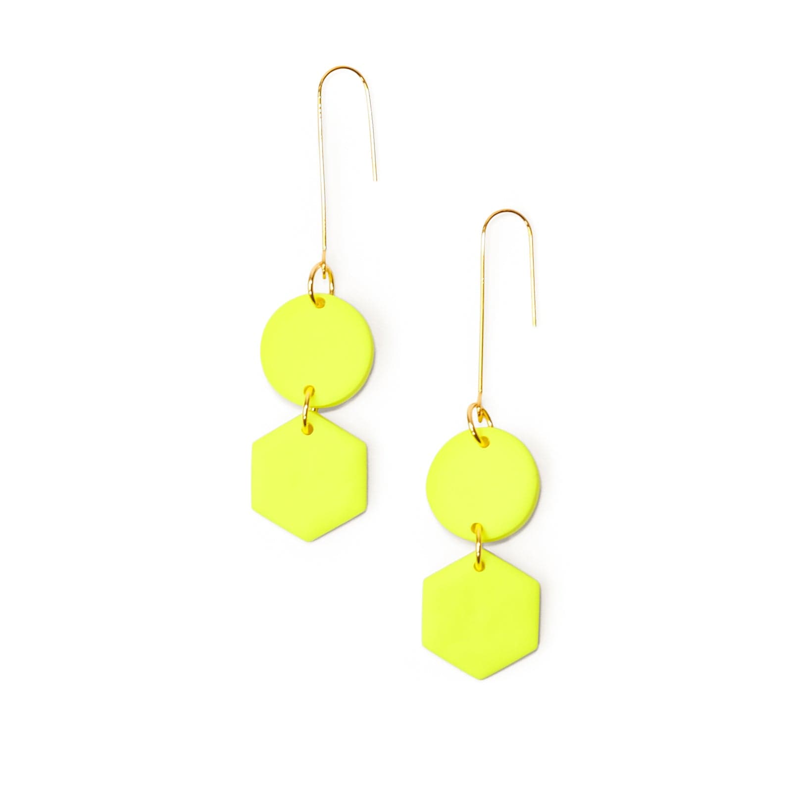 Elegant, elongated and lightweight Belle Dangles geometric dangly earrings in bright neon yellow #color_neon-yellow