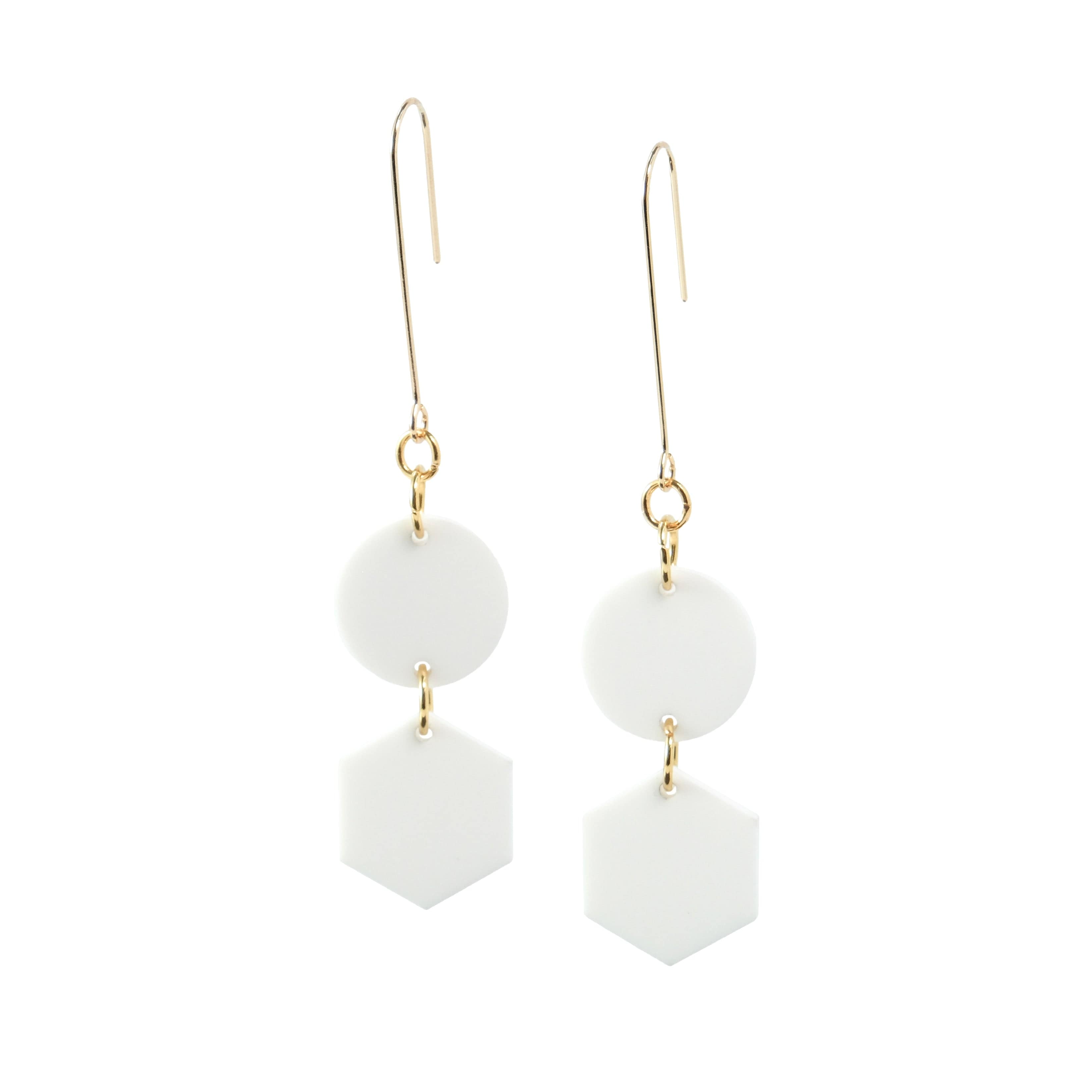 Elegant, elongated and lightweight Belle Dangles geometric dangly earrings in matte white #color_white