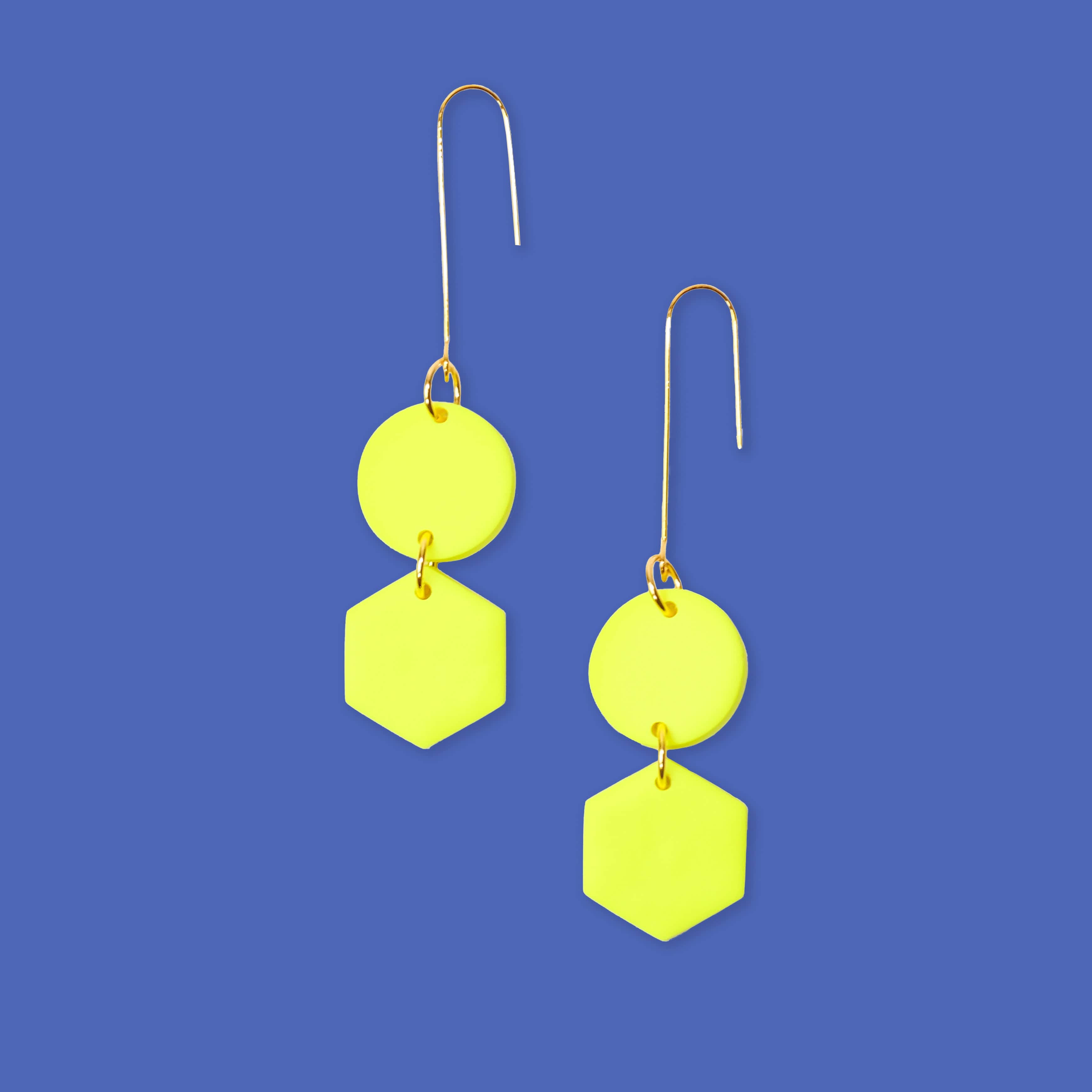 Elegant, elongated and lightweight Belle Dangles geometric dangly earrings in bright neon yellow #color_neon-yellow