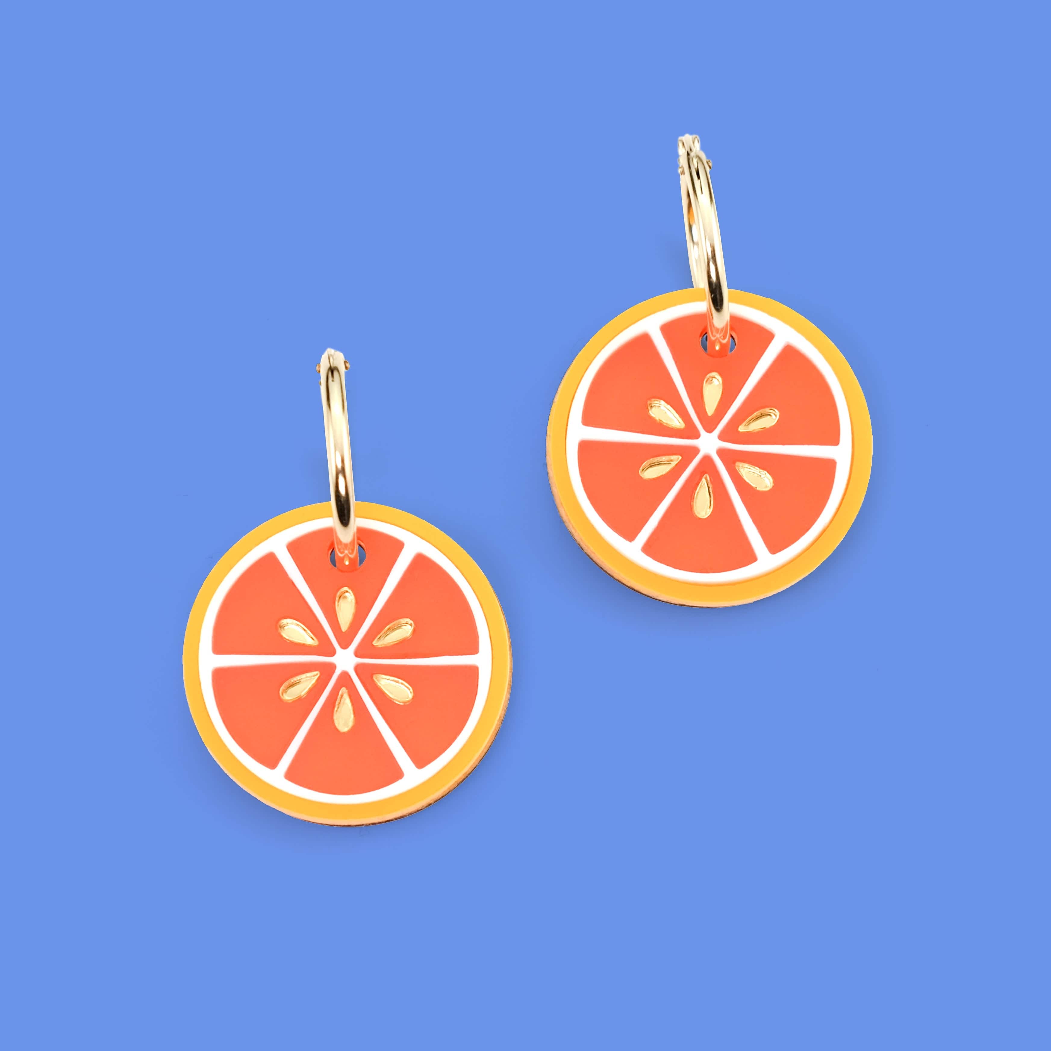 Unique elegant Blood Orange dangly earrings with gold-filled hoops