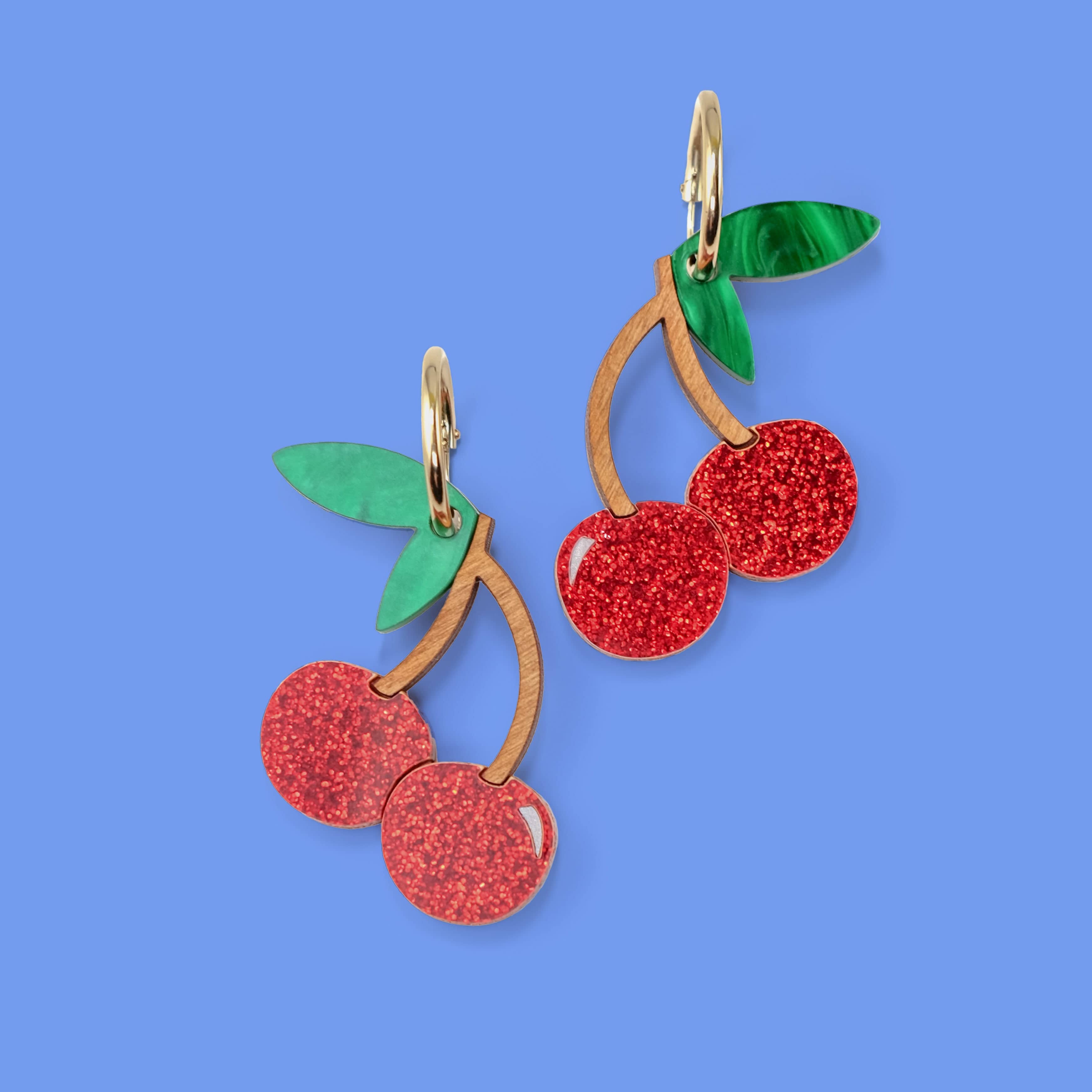 Fun and elegant Cherry dangly earrings with gold-filled hoops