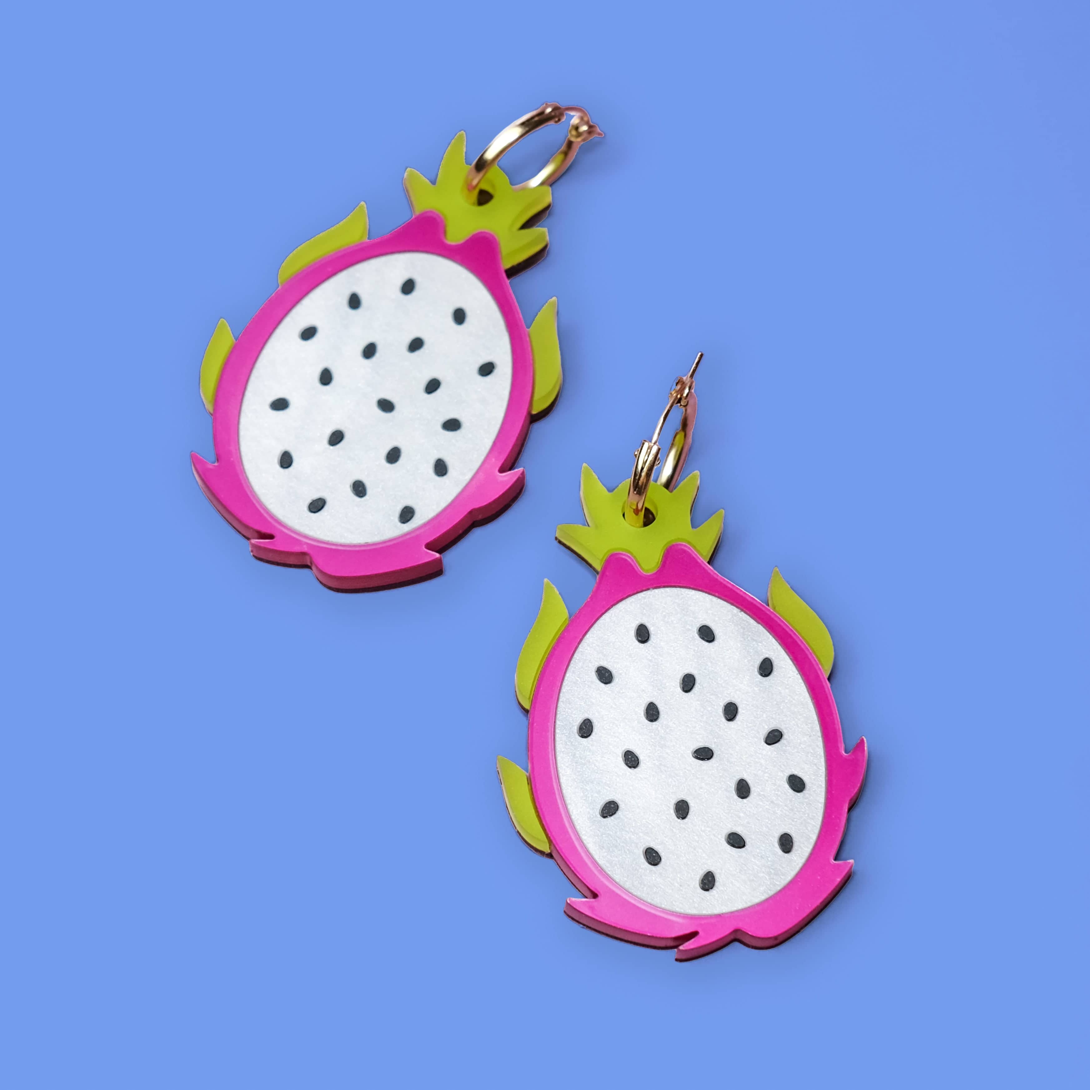 Unique statement Dragonfruit dangly earrings with gold-filled hoops