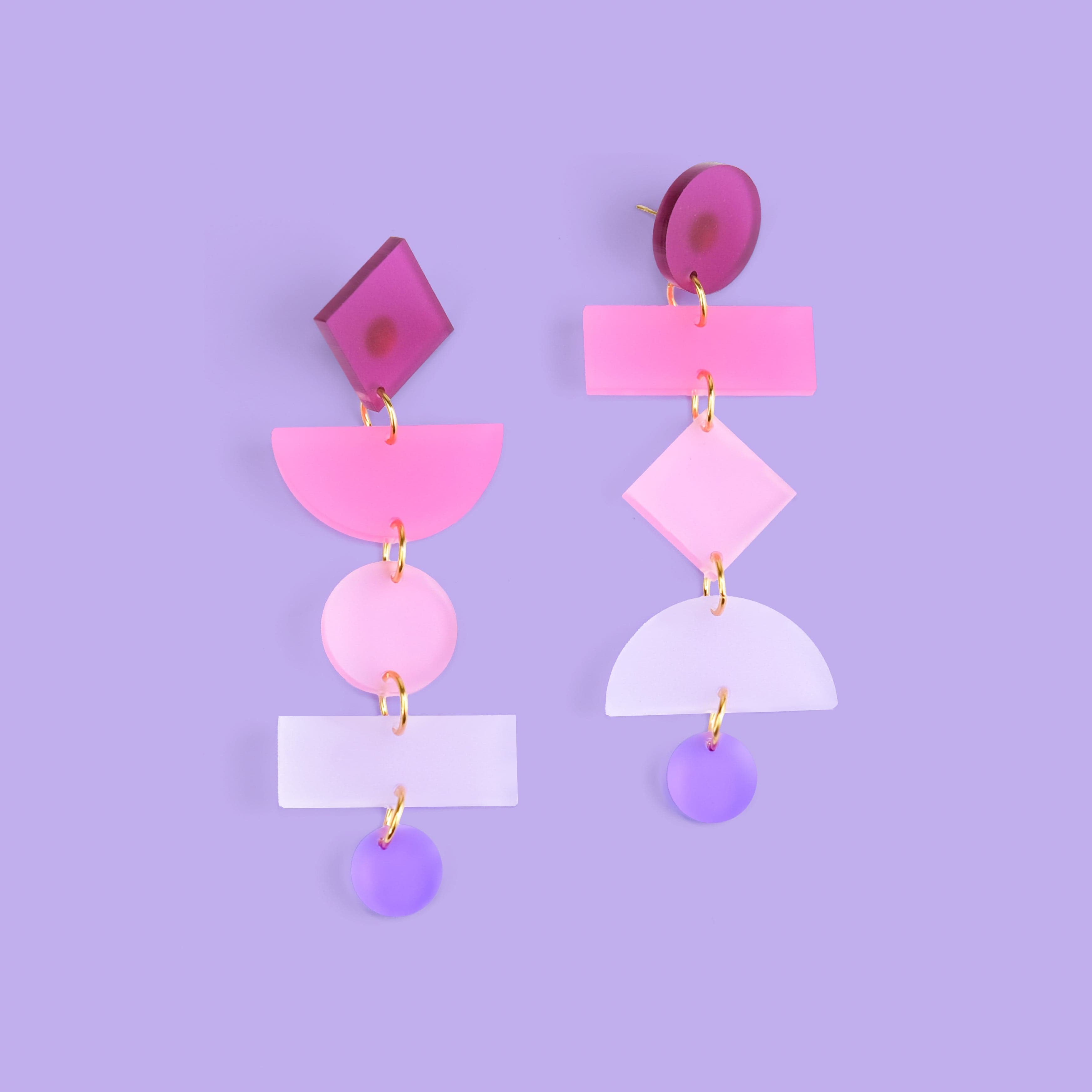 Asymmetrical translucent Geometric dangly statement earrings #color_pink-ombre
