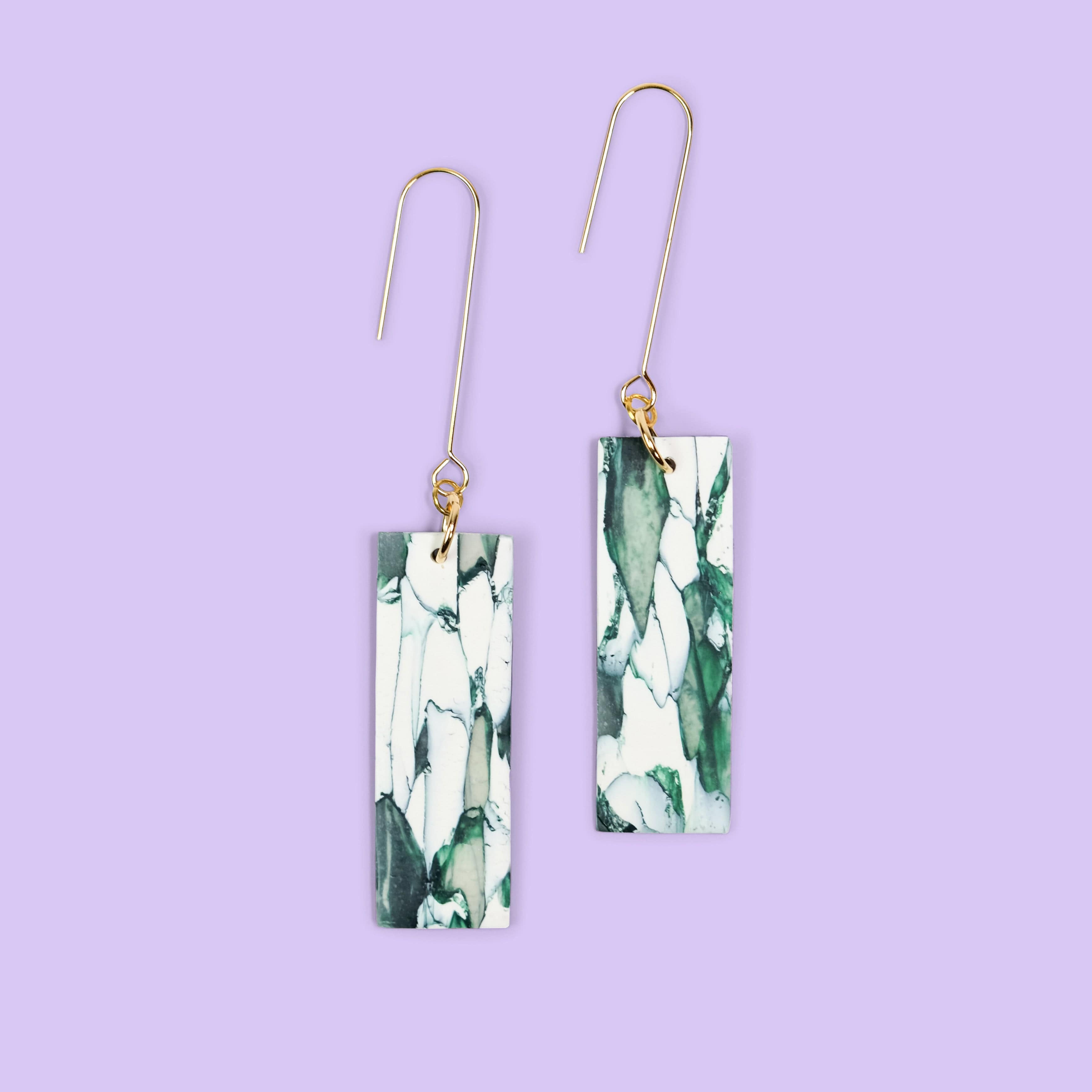 Elegant, elongated and lightweight Italian marble inspired Giulia Dangles Earrings #color_forest-marble