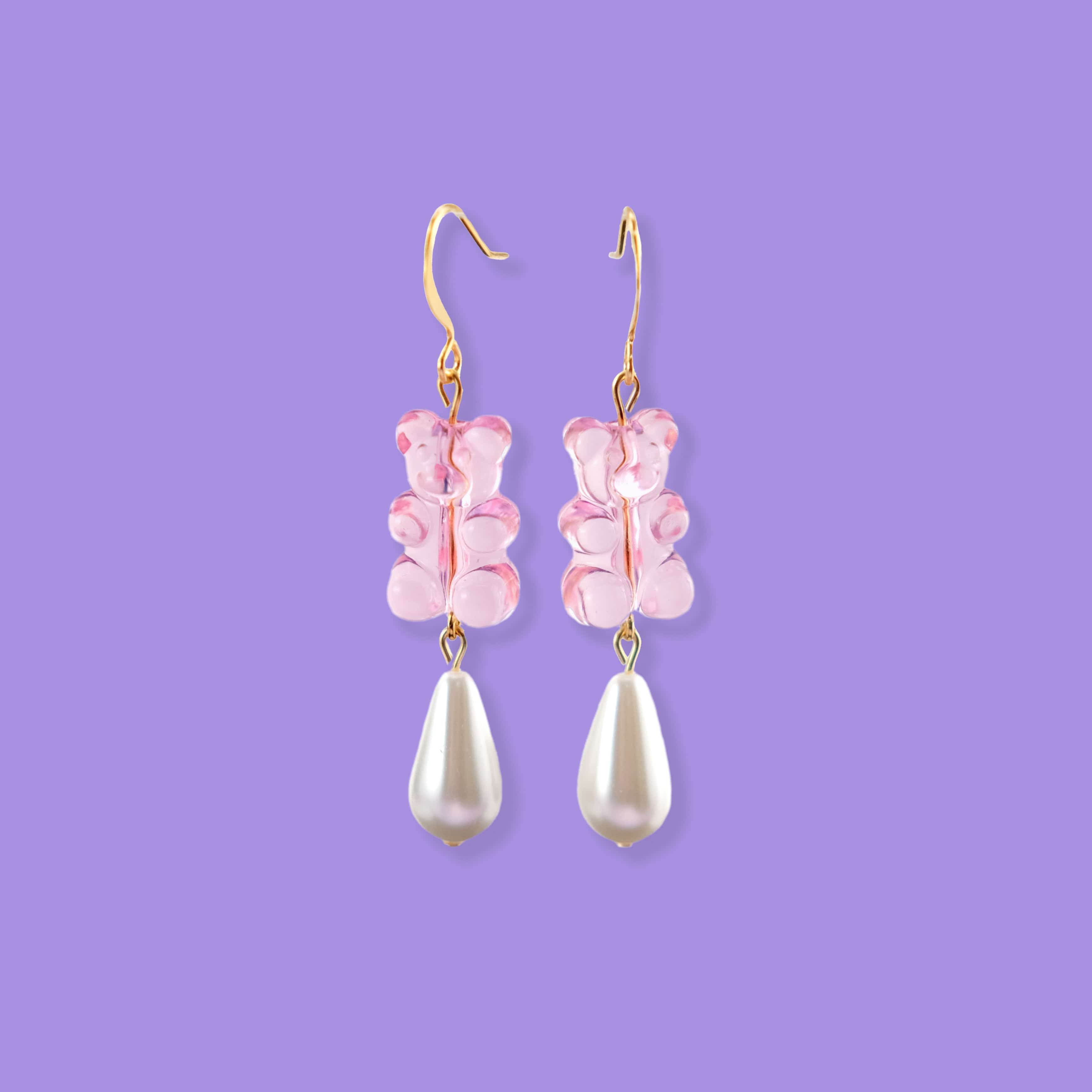 Nostalgic, cute and classy gummy bear dangly earrings with elegant pearl drops #color_baby-pink