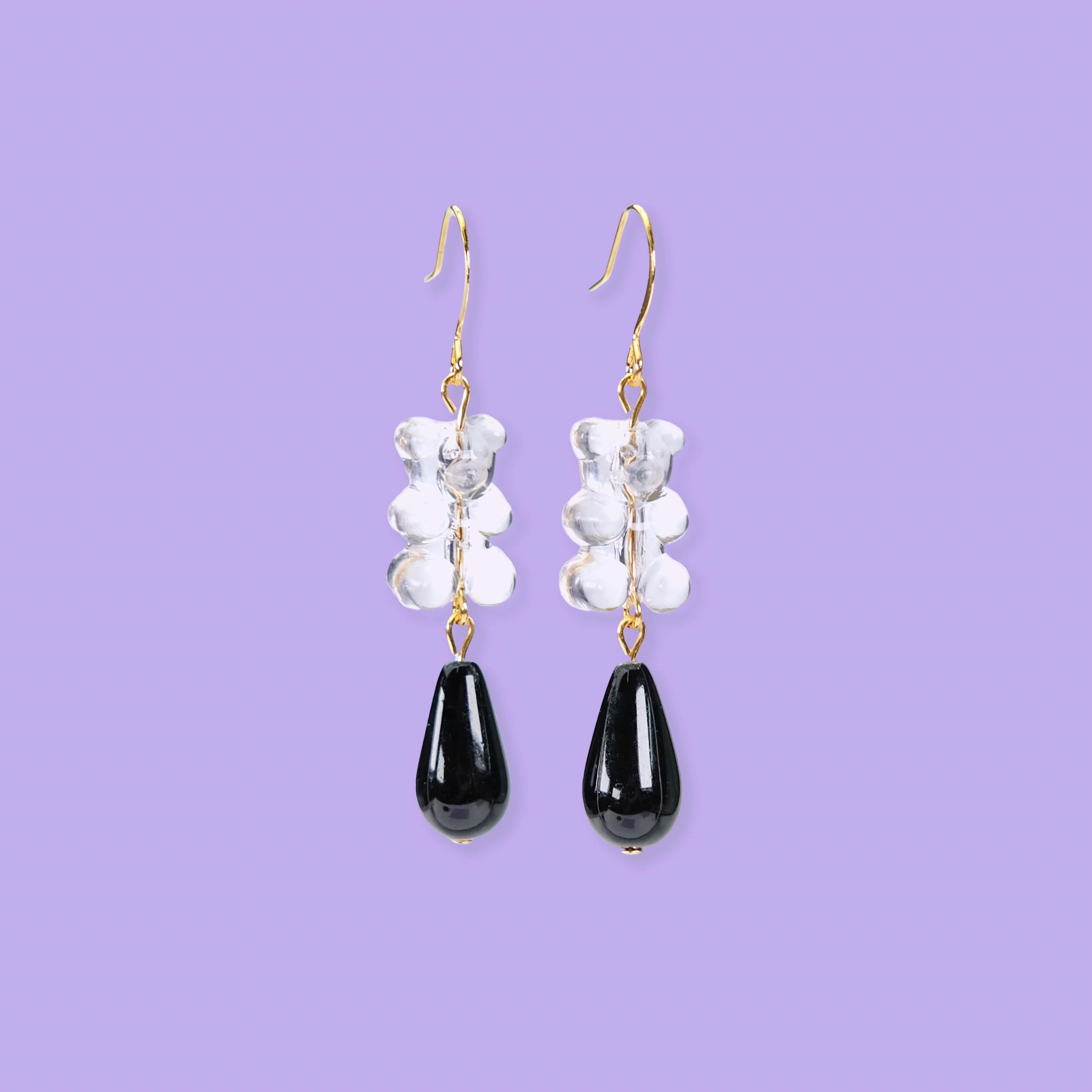 Nostalgic, cute and classy gummy bear dangly earrings with elegant pearl drops #color_clear