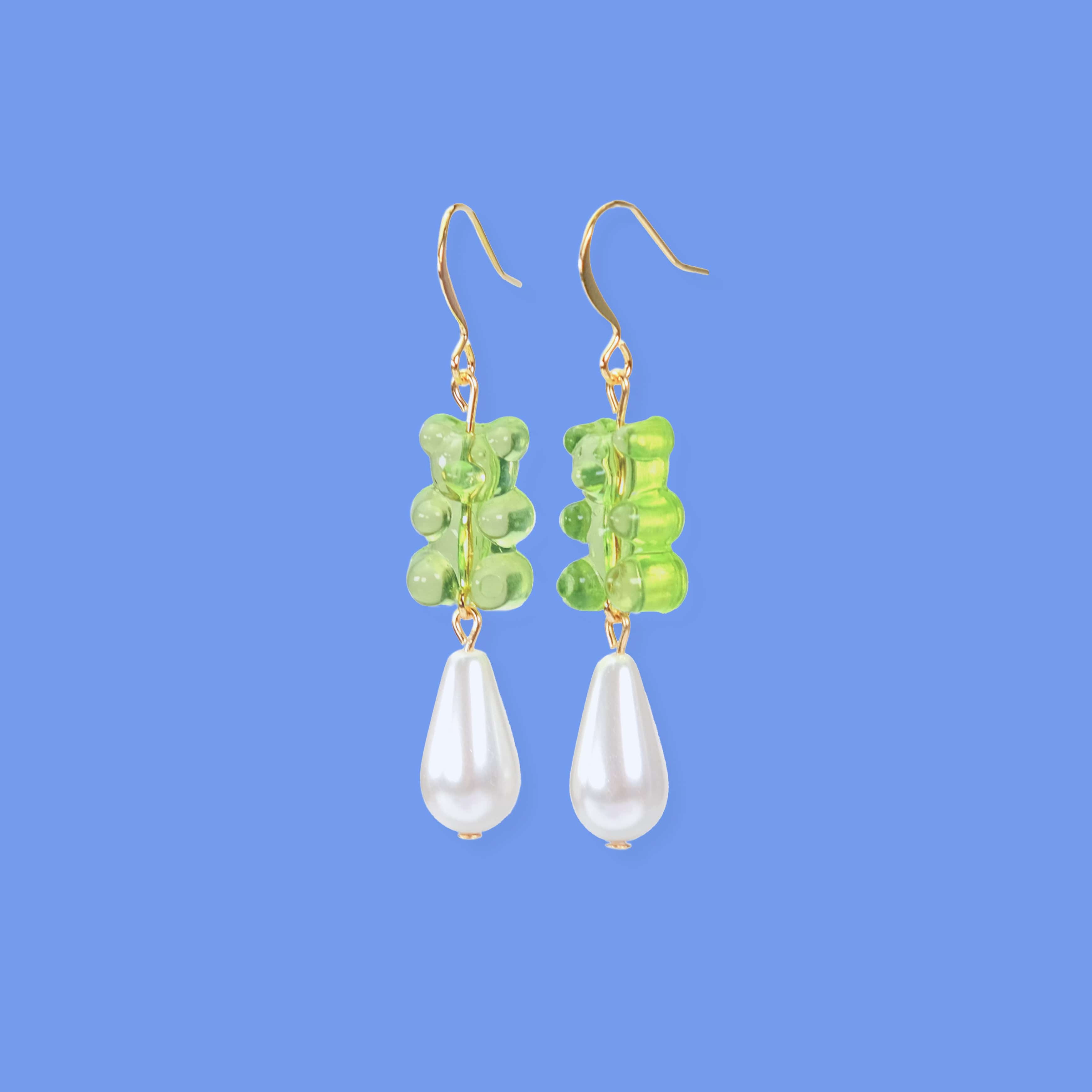 Nostalgic, cute and classy gummy bear dangly earrings with elegant pearl drops #color_lime-green