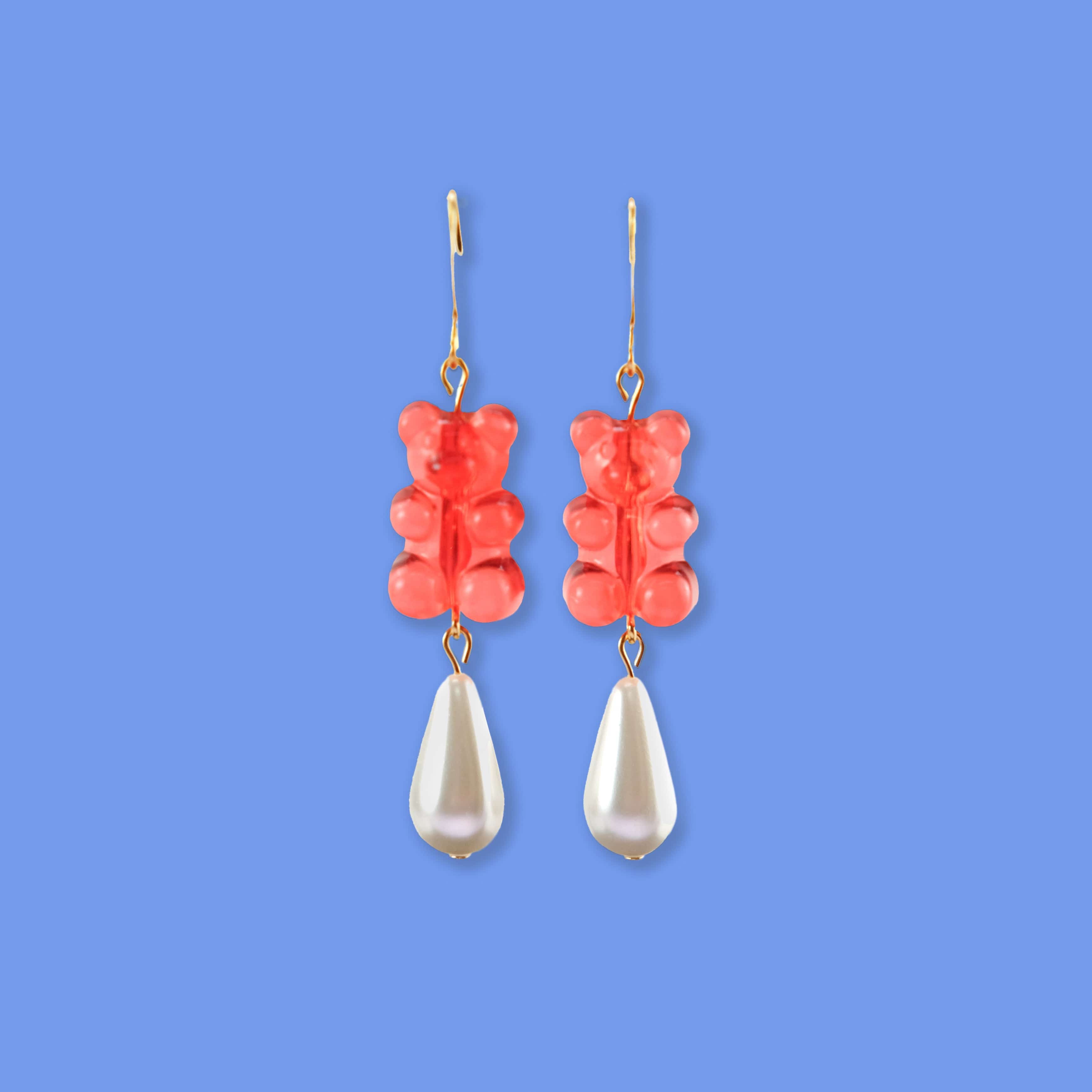 Nostalgic, cute and classy gummy bear dangly earrings with elegant pearl drops #color_red