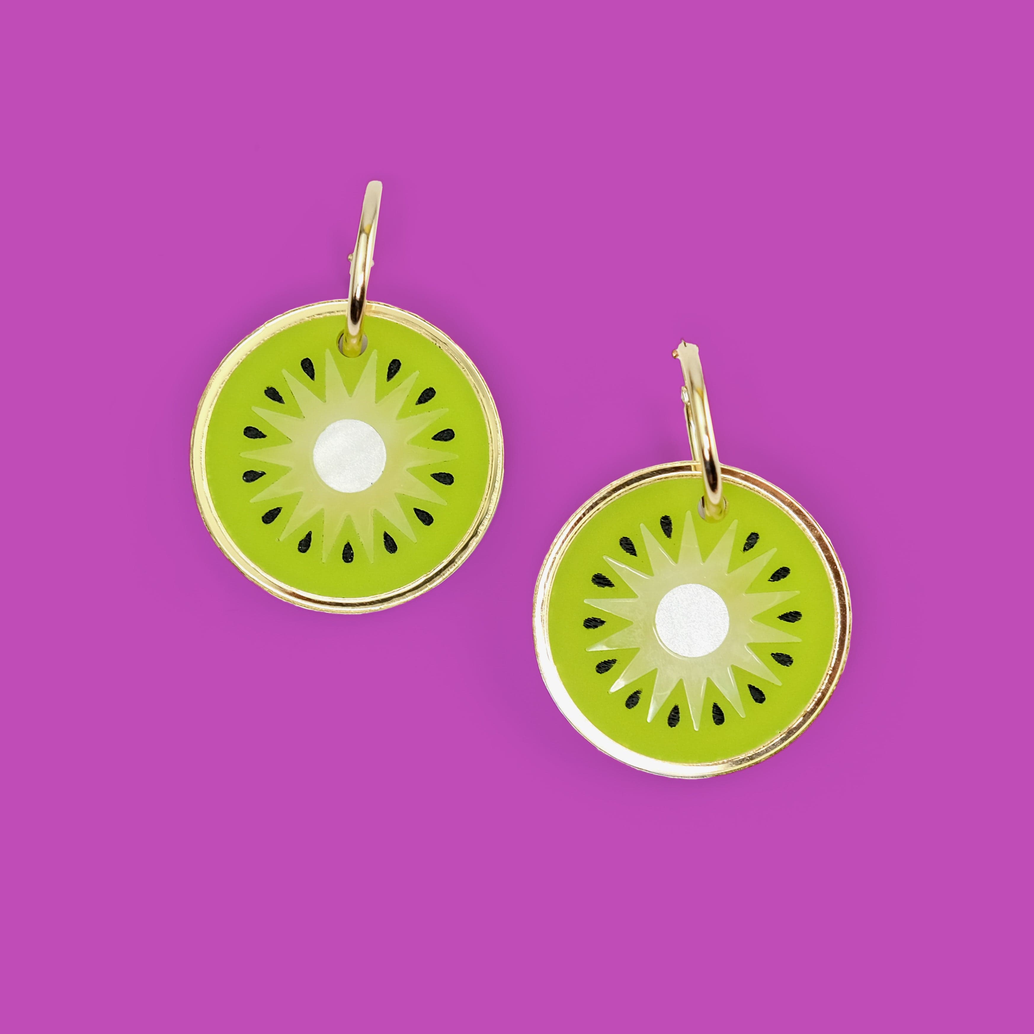 Statement Kiwi earrings with gold-filled hoops lightweight and hand-made in NYC
