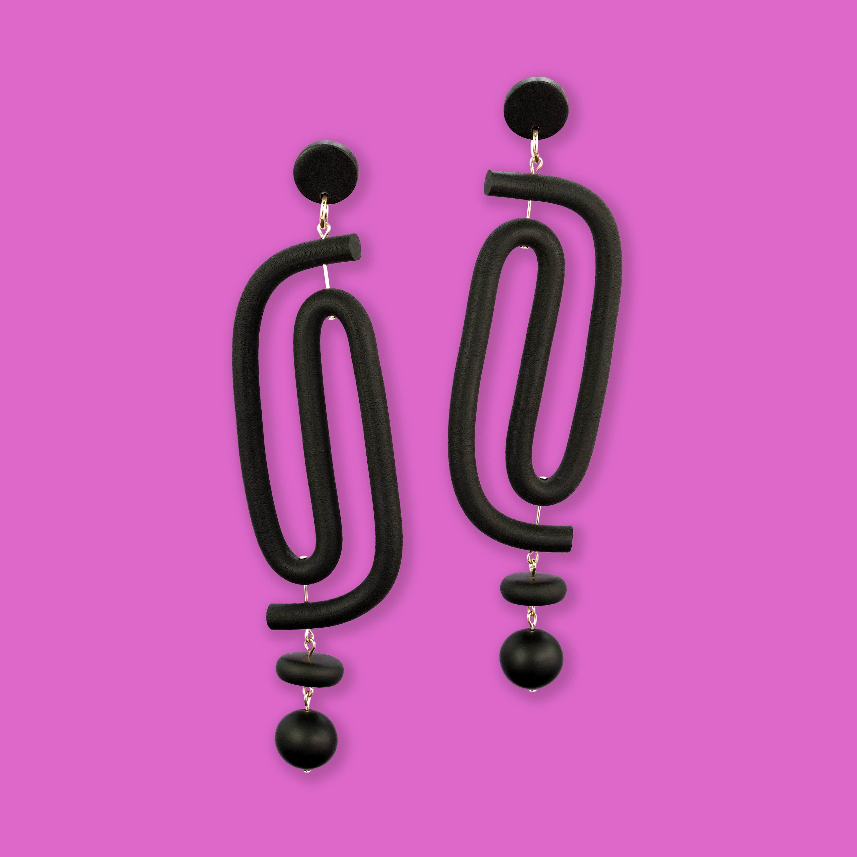 Labyrinth dangly statement earrings. A striking and unique earring for the bold and vibrant personality. Hand-made in NYC #color_black
