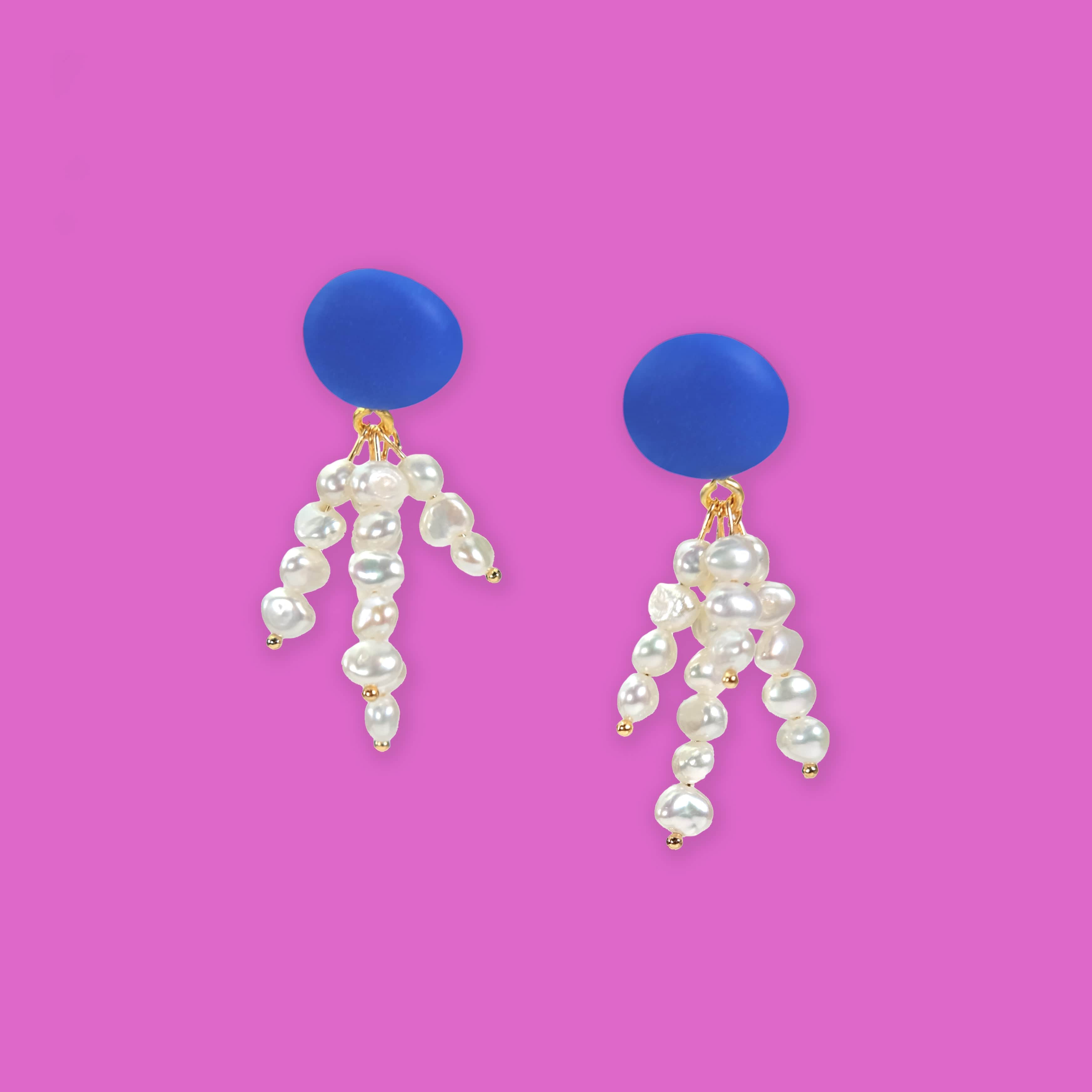Elegant and fun pearl tassel dangly earrings with a pop of blue color and 14k gold-filled posts #color_blue