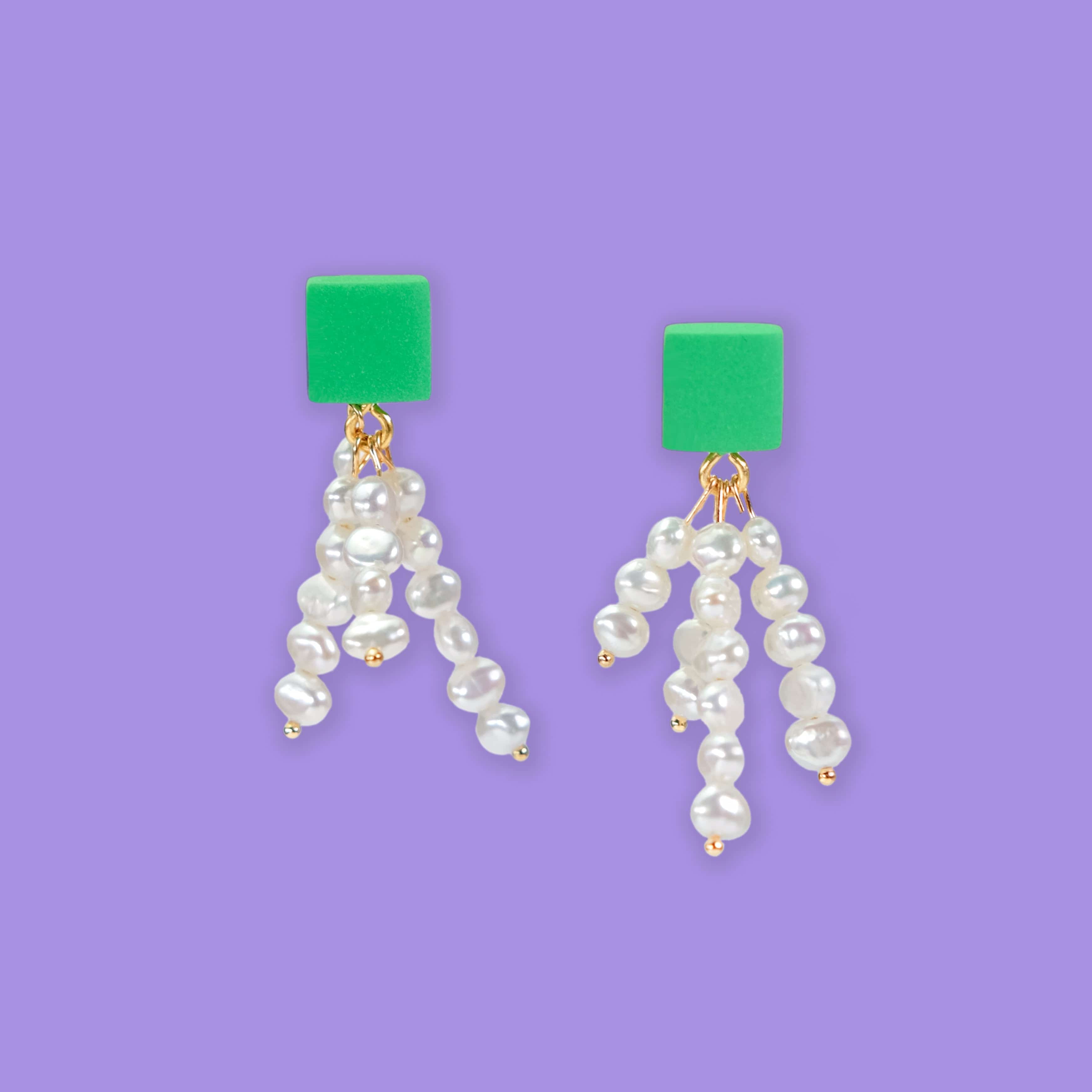 Elegant and fun pearl tassel dangly earrings with a pop of green and 14k gold-filled posts #color_green