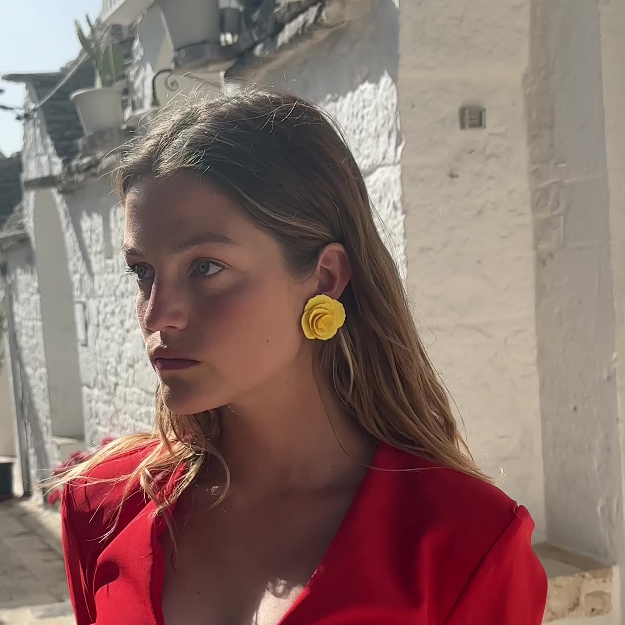 Hand-made statement flower rosette stud earrings in yellow #color_yellow