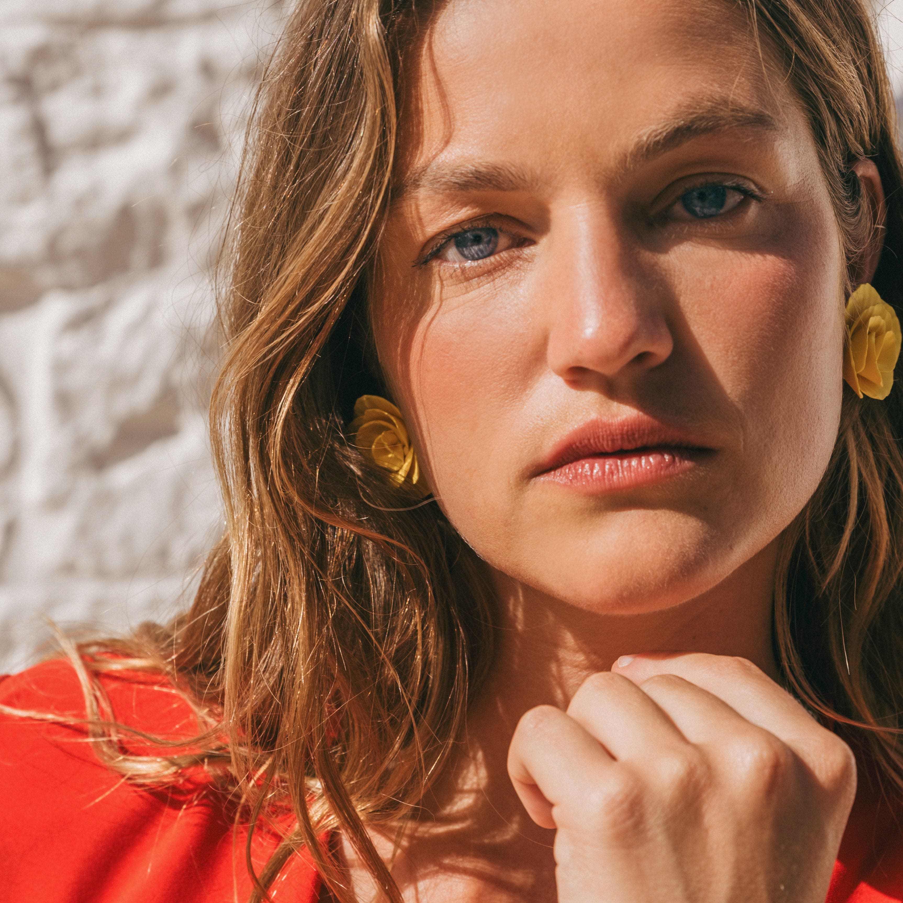 Hand-made statement flower rosette stud earrings in yellow #color_yellow