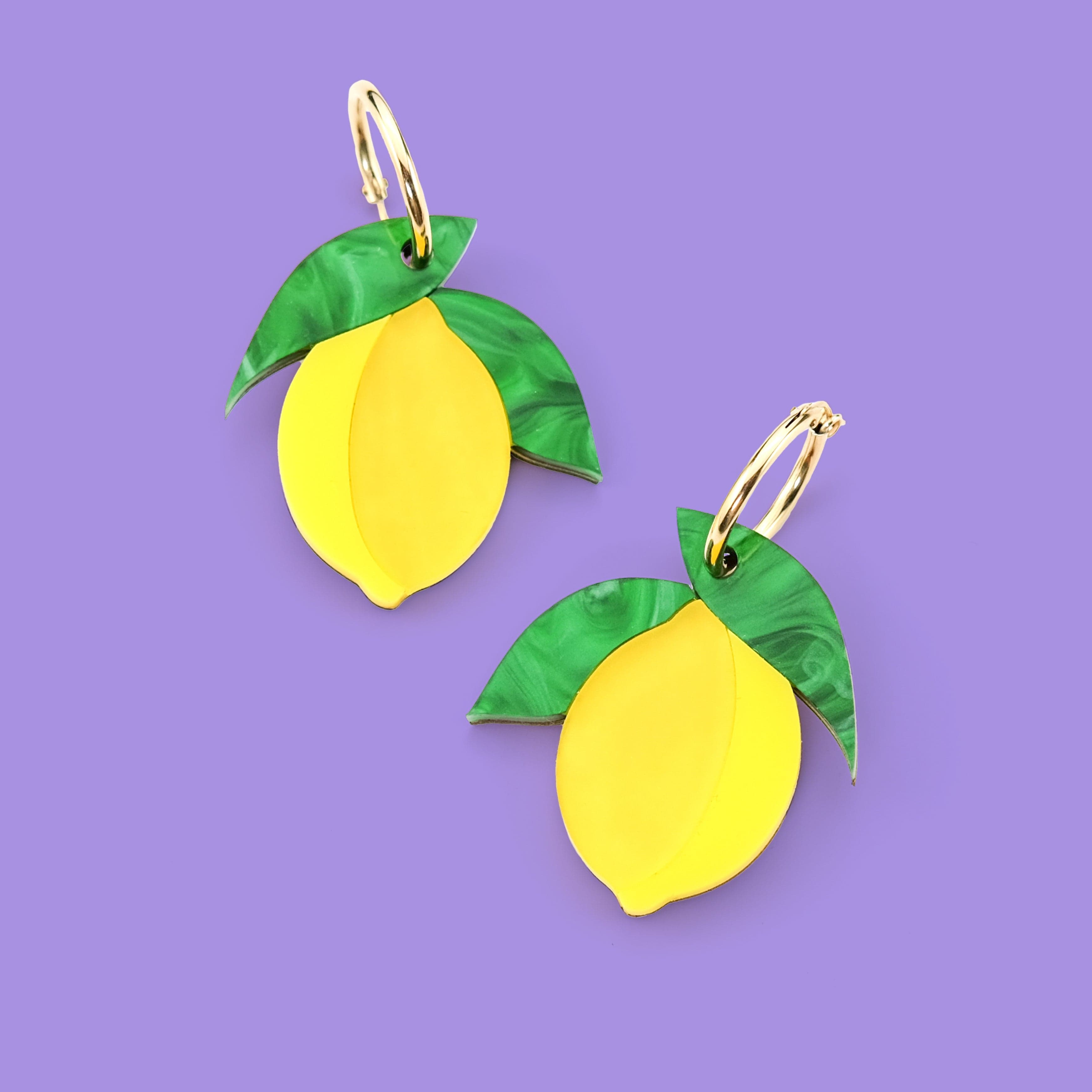 Fun and vibrant Sicilian lemon dangly earrings with gold-filled hoops