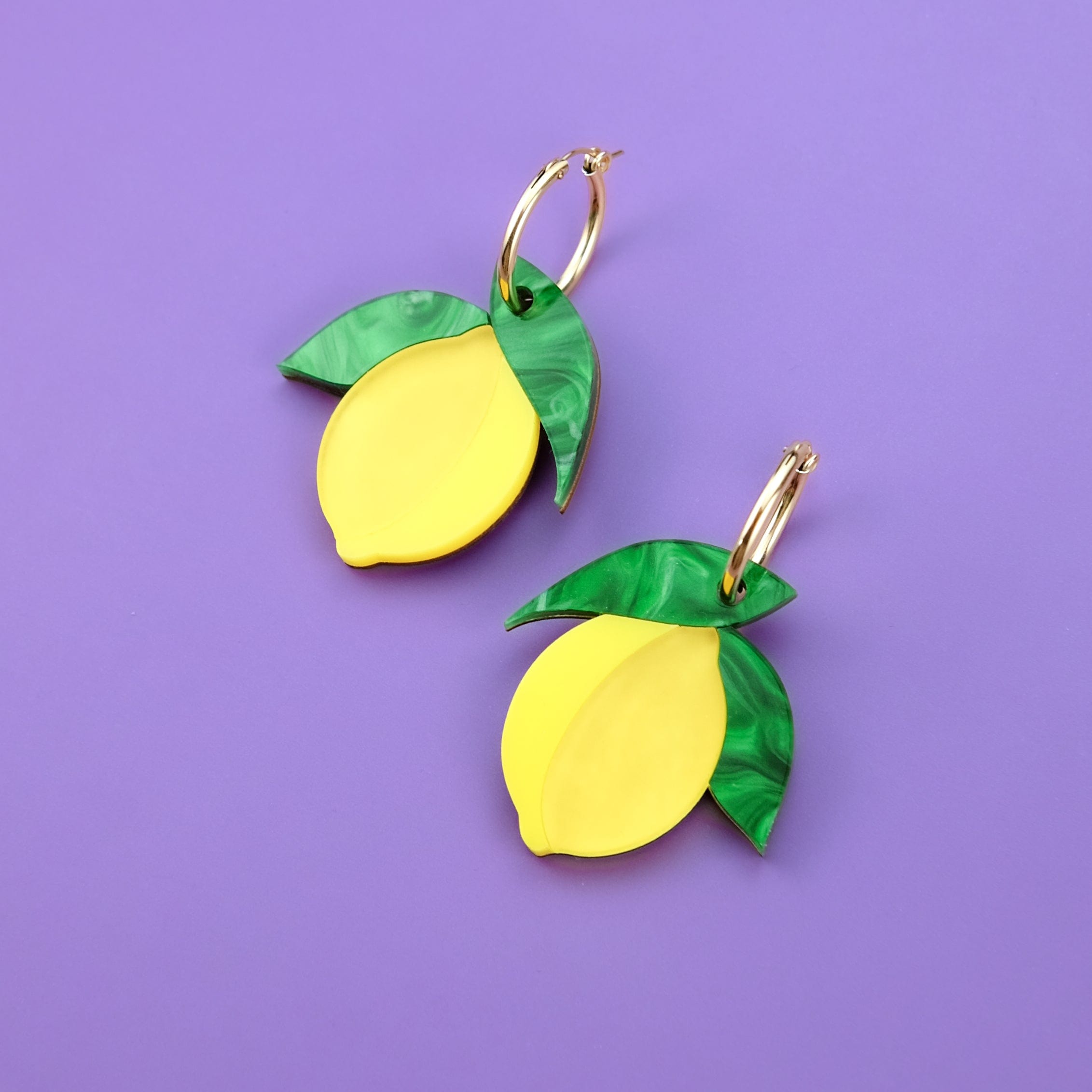 Fun and vibrant Sicilian lemon dangly earrings with gold-filled hoops