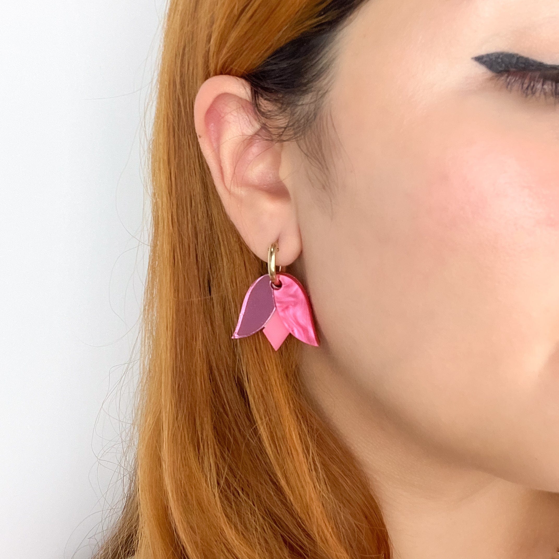 Cute and dainty Tulip flower gold-filled hoop earrings in pink #color_pink