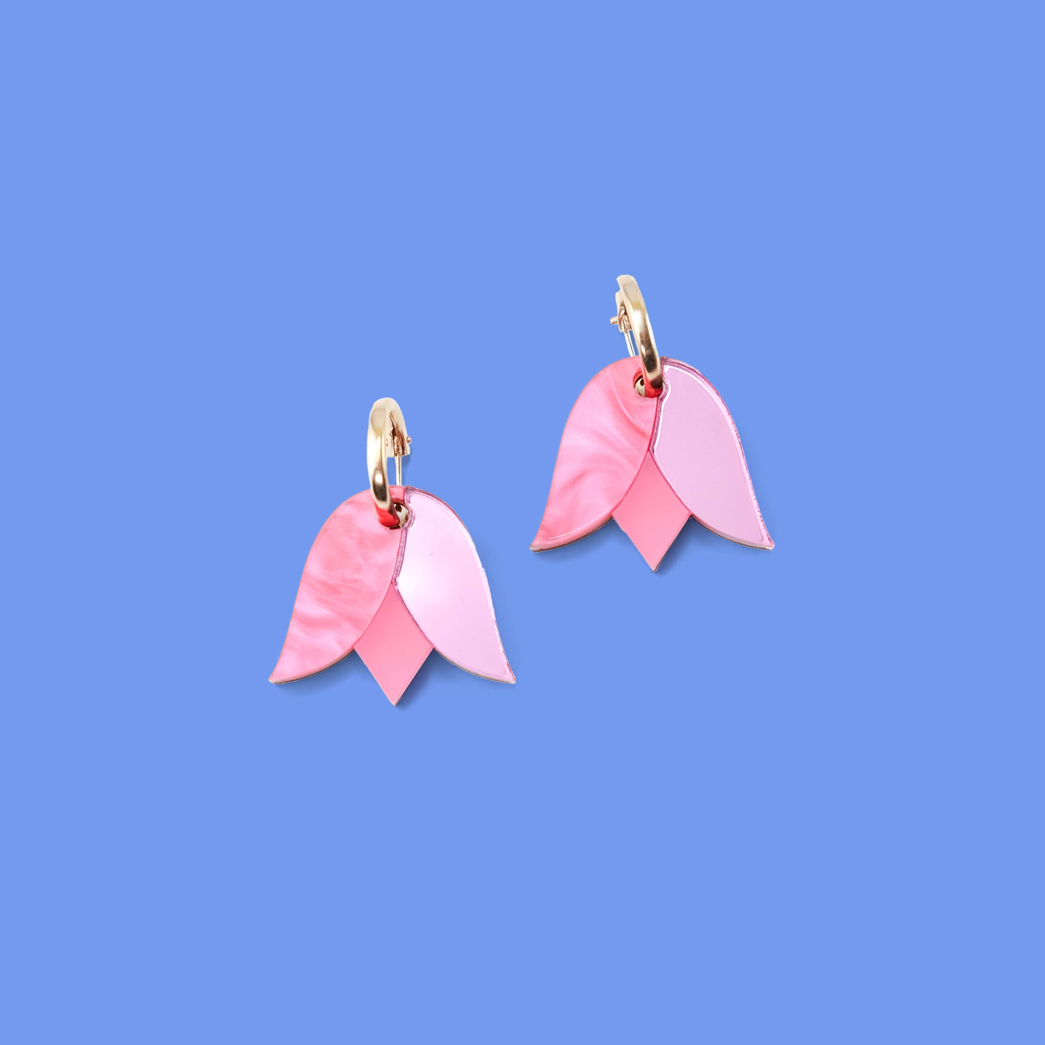 Cute and dainty Tulip flower gold-filled hoop earrings in pink #color_pink