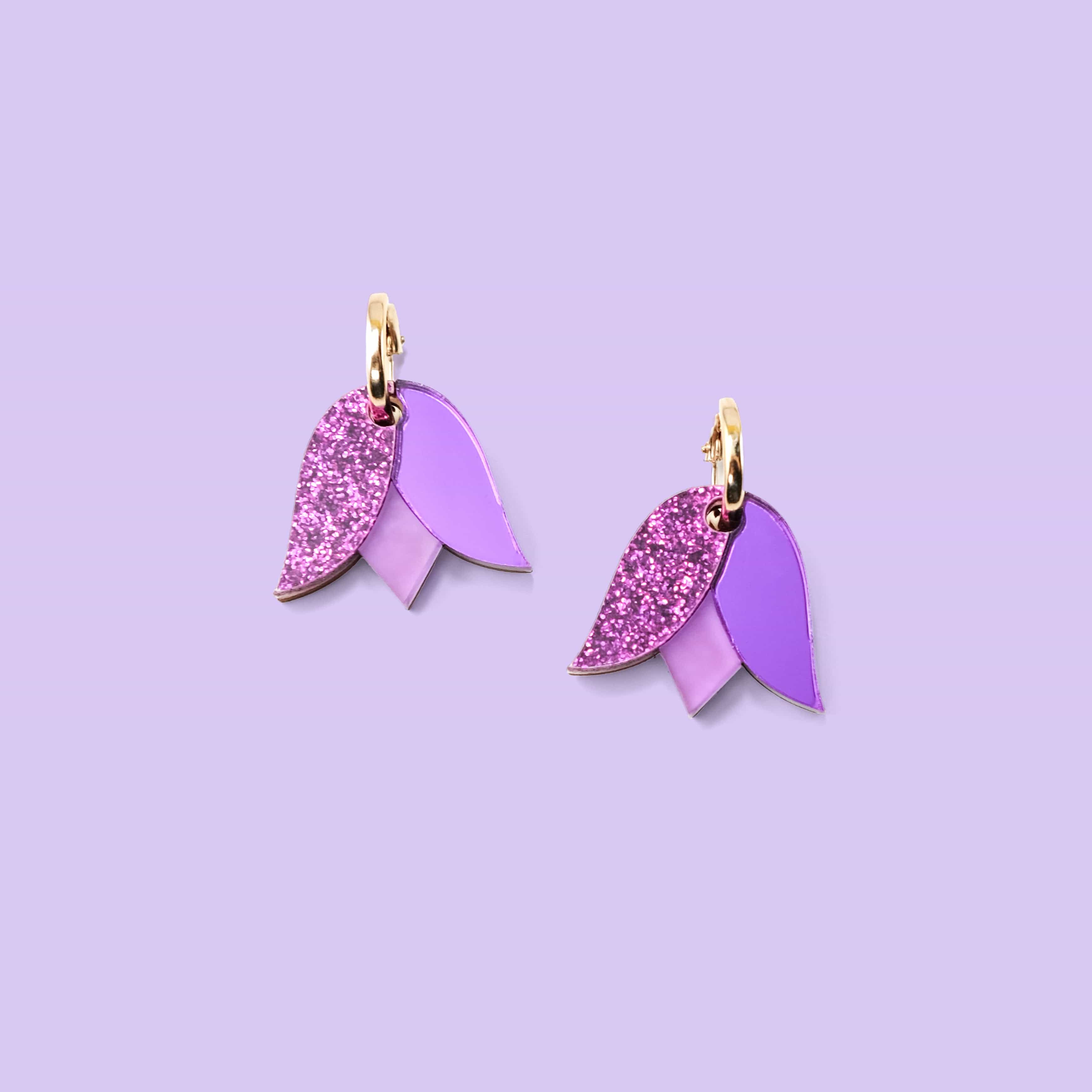 Cute and dainty Tulip flower gold-filled hoop earrings in purple #color_purple